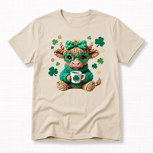 St. Patrick’s Day crochet Highland cow graphic t-shirt with shamrocks, a green bow and glasses on a sand colored t-shirt.