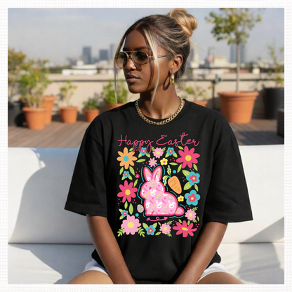 Happy Easter Floral Bunny Graphic T-Shirt