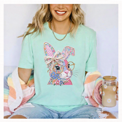 Vintage Patchwork Easter Bunny Graphic T-Shirt