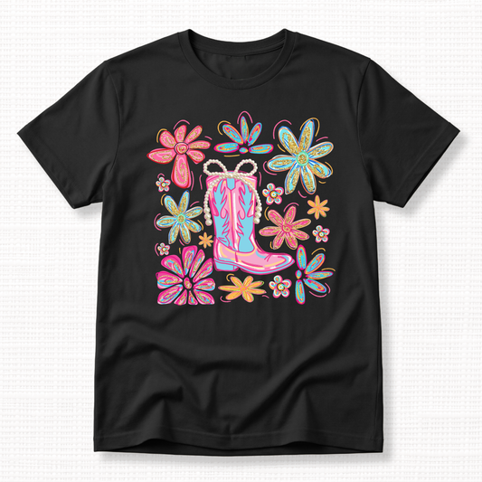 Western Floral Cowgirl Boot Graphic T-Shirt