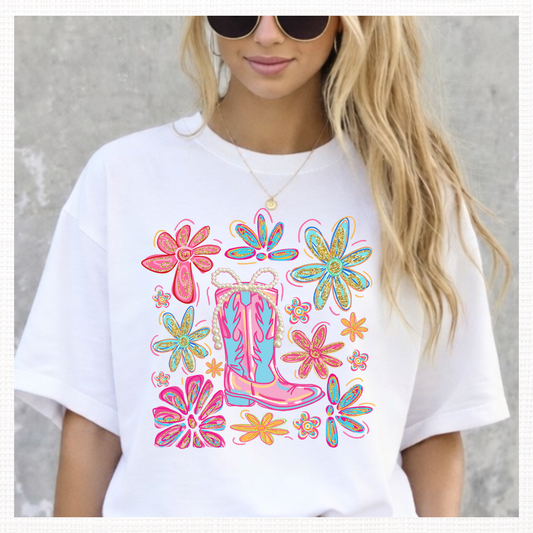 Western Floral Cowgirl Boot Graphic T-Shirt