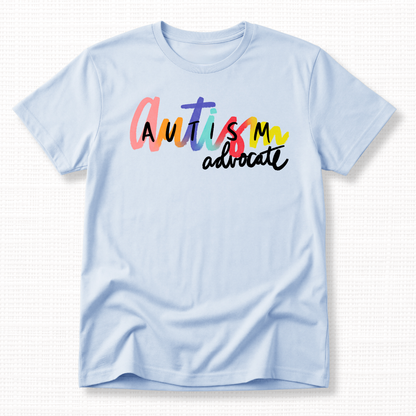 Light blue t-shirt with 'Autism advocate' text in colorful letters.