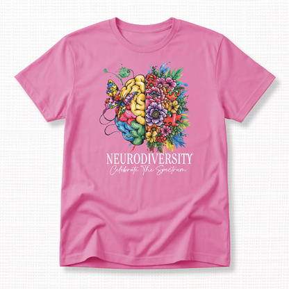 Azalea Pink t-shirt with a colorful brain graphic and 'Neurodiversity Celebrate The Spectrum' text in white.
