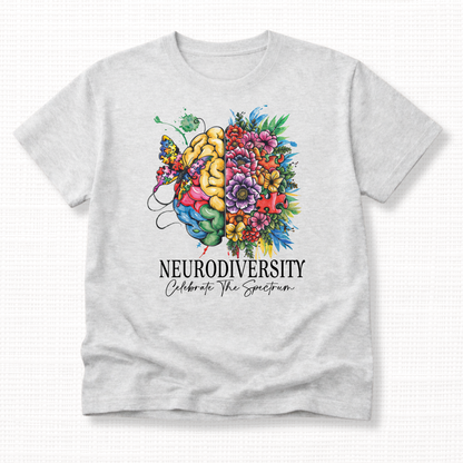 Gray t-shirt with a colorful brain and flowers design and 'Neurodiversity Celebrate The Spectrum' in black text.