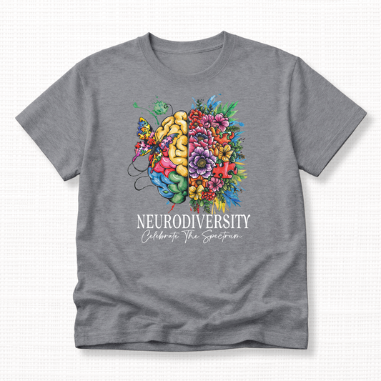 Gray t-shirt with a colorful brain design and 'Neurodiversity Celebrate The Spectrum' text in white text.