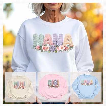 Mama, Nana, Gigi, Mimi - Faux Crochet Yarn Floral Graphic Crewneck Sweatshirt