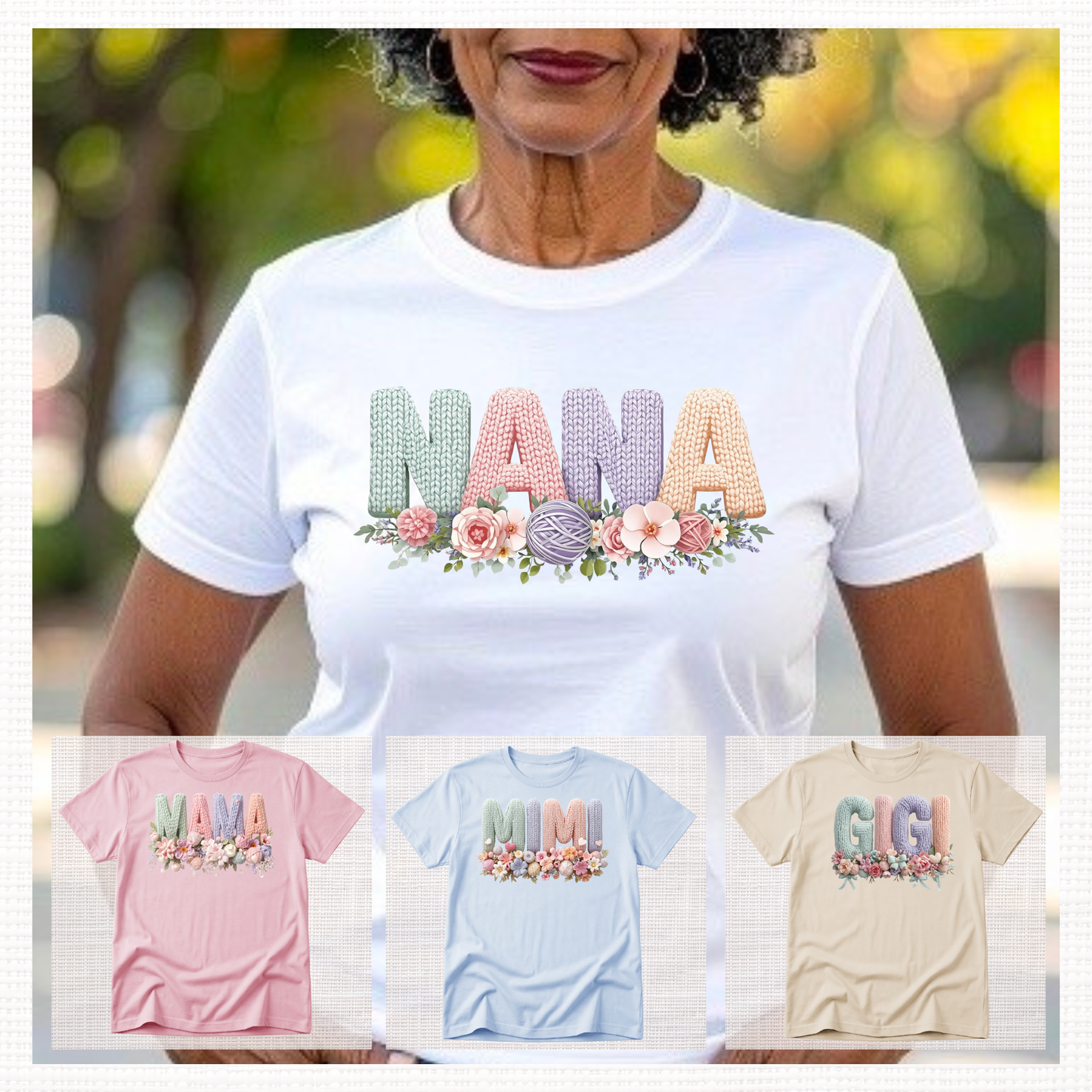Mama, Nana, Gigi, Mimi - Faux Crochet Yarn Floral Graphic T-Shirt