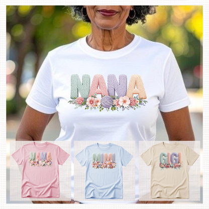 Mama, Nana, Gigi, Mimi - Faux Crochet Yarn Floral Graphic T-Shirt